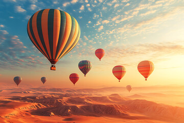 Naklejka premium Hot Air Balloons Over a Desert Landscape at Sunrise