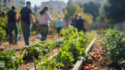 The urban garden is alive with the blurred movements of dedicated individuals tending to their shared plot of land.