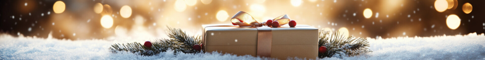 A beautifully wrapped gift box tied with a satin ribbon resting on a bed of snow, tiny pine branches and red berries as decoration, faint golden light reflecting on the snow, warm and cool tones