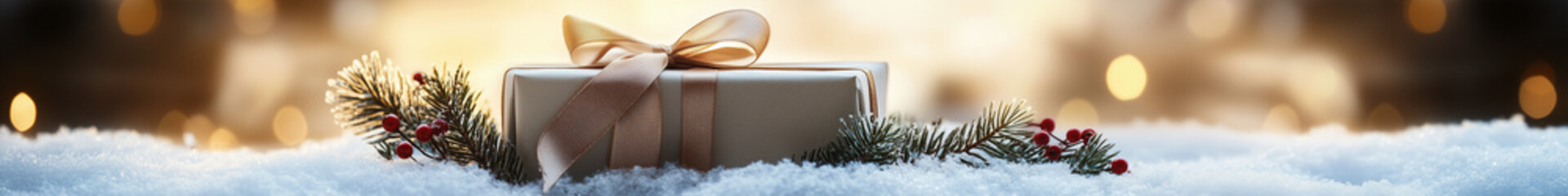 A beautifully wrapped gift box tied with a satin ribbon resting on a bed of snow, tiny pine branches and red berries as decoration, faint golden light reflecting on the snow, warm and cool tones