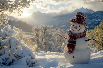 Obraz premium Joyful Snowman in Snowy Mountain Landscape at Sunrise