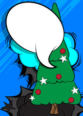 Cartoon Christmas decorated pine tree with blank speech bubble, comic book Celebration background. Retro vector comics pop art design.