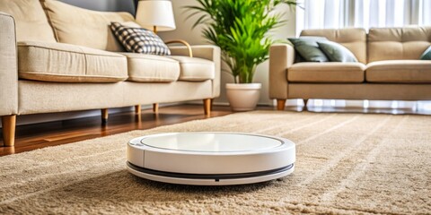Fototapeta premium Robotic Vacuum Cleaner on Beige Carpet Modern Living Room Composition, Close-up Image, Smart Home Concept, robot vacuum cleaner, home cleaning Smart home, home automation