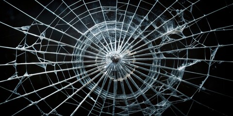Fototapeta premium Radial Glass Fracture Macro Photography of Shattered Glass, Spiderweb Pattern, Impact Damage glass fracture, broken glass