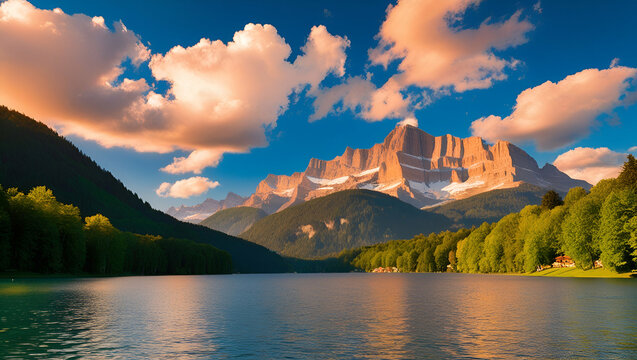 an awe-inspiring sunrise at Eibsee Lake, with its crystal-clear waters mirroring the dramatic peaks of the Zugspitze mountains, surrounded by lush alpine scenery in Bavaria, Germany. - Powered by Adobe