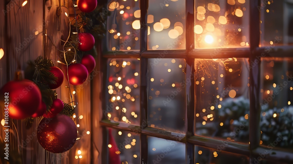Poster a window with a red wreath of christmas balls hanging from it. the balls are lit up and the window i