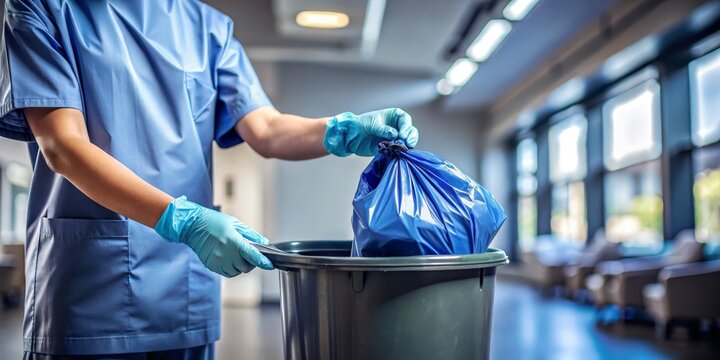 Hospital Waste Disposal Close-up of Medical Professional in Scrubs Discarding a Blue Biohazard Bag into a Bin, Medical Waste, Healthcare Safety Medical Waste, Hospital Hygiene