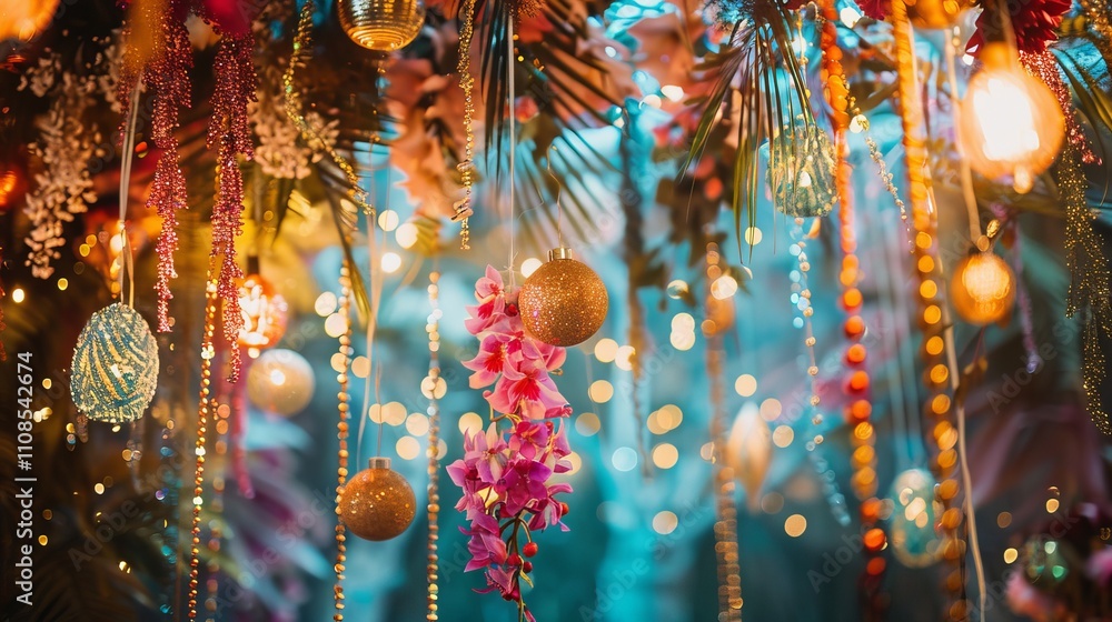 Poster a tree with many lights and ornaments hanging from it. the lights are of different colors and the or