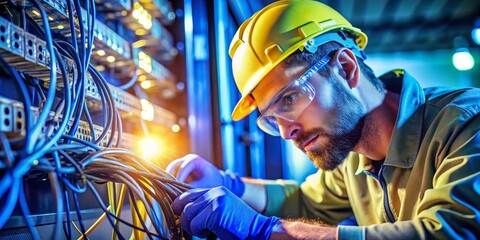 Focused Technician Repairing Network Cables Close-up Composition, Blue and Yellow Color Palette, Technological Concept Network Engineer, Data Center