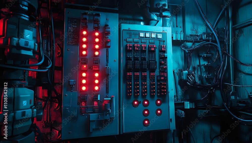 Poster intricate control panel in a futuristic or cyberpunk setting: glowing red buttons and complex wiring