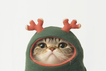 An adorable cat dressed in a cozy green costume with reindeer antlers, creating a playful and festive holiday vibe. The close-up view highlights the cat's curious expression