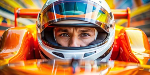 Close-up Portrait of Race Car Driver in Orange Vehicle, Helmet, Intense Gaze, Motorsport Photography, Racing, Speed Motorsport, Racing
