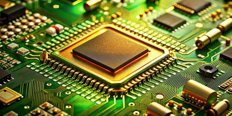 Close-up of Microchip on Circuit Board Golden Contacts, Green PCB, Technology Concept, Microprocessor,Electronics Microchip, Semiconductor