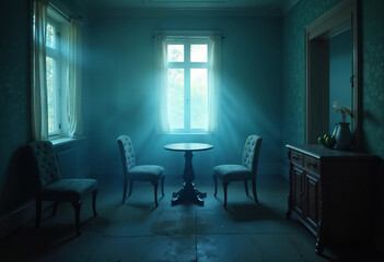 a grunge room interior with a foggy atmosphere 