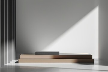 Sunlit minimalist interior featuring a wooden platform and vertical slats, creating a serene and modern atmosphere.