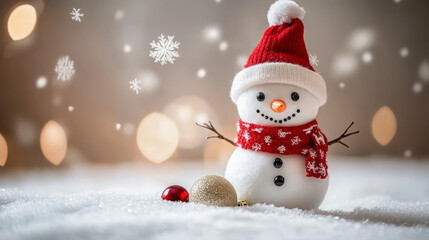 festive and cute snowman in a winter wonderland with Christmas decorations and warm lights