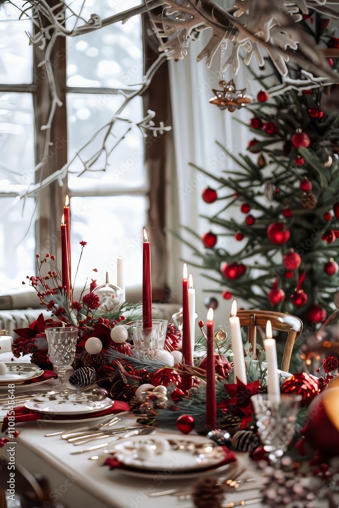 Poster a table with a christmas tree in the background. the table is set with silverware and plates