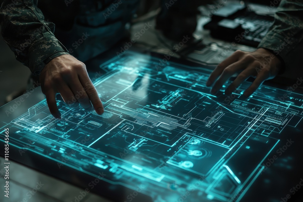 Poster two hands interact with a futuristic, glowing touchscreen displaying complex digital schematics. ill