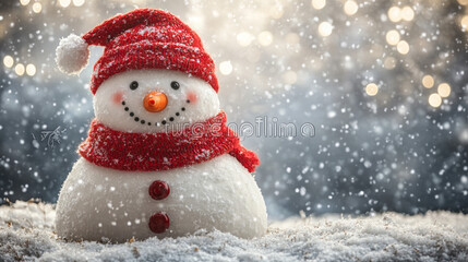 Fototapeta premium snowman in red hat and scarf with bokeh lights in a snowy scene