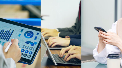 Fototapeta premium technology, business, dx, digital transformation, digitalization, encryption, erp, ai, ict, iot, saas, cloud, information, data, analysis, engineer, smartphone, smart phone, tablet, laptop, pc, teamwo