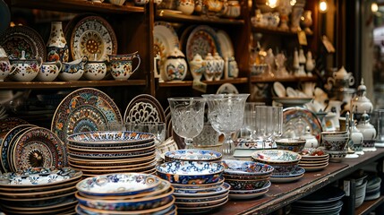Street vendor's collection: assorted crockery sets and antique kitchenware