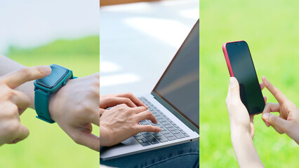 smartphone, smart phone, network, technology, mobile, smartwatch, laptop, 5g, operation, collage, screen, sns, email, touch panel, message, sms, wearable, device, terminal, copy space, outdoors, natur