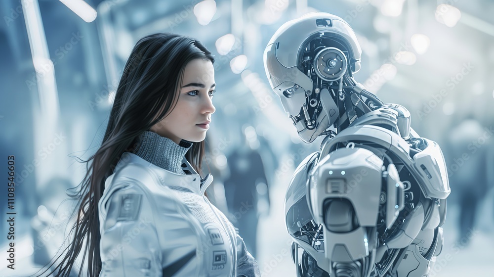 Aufkleber imagining a futuristic meeting between a human and a robot in a high tech environment