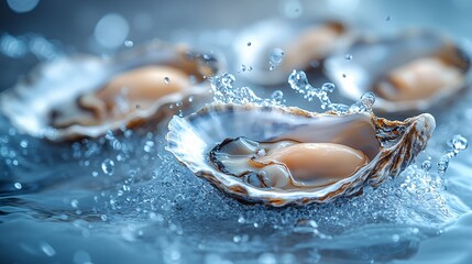 many oysters with wavy splashes of water is photographed as a water splash blows over the oyster, in the style of light beige and sky-blue,