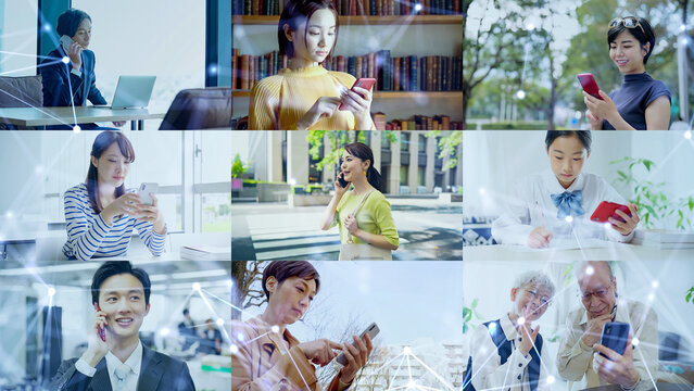 ネットワーク、スマホ、テクノロジー、ビジネス、スマートフォン、モバイル、人々、日本人、ユーザー、通信、5G、アプリ、IoT、internet of things、ICT、DX、デジタル、デジタルトランスフォーメーション、未来、技術、コラージュ、タイトル、テンプレート、イメージ、広告、コミュニケーション、回線、電波、ブロックチェーン、インターネット、オンライン、web、操作、ソーシャル、メディア、S - Powered by Adobe