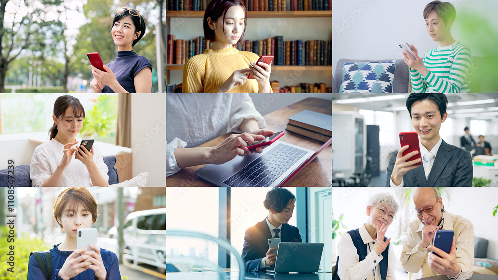Poster スマホ、スマートフォン、携帯電話、人物、モバイル、IoT、5G、通信、アプリ、検索、コラージュ、タイトル、テンプレート、イメージ、広告、男性、女性、日本人、シニア、動画、操作、ユーザー、料金、ビジネスマン、主婦、笑顔、電波、回線、繋がる、ネットワーク、コミュニケーション、テレコミュニケーション、ゲーム、ソーシャル、メディア、ニュース、拡散、SNS、トレンド、流行、話題、メール、テレマーケティング、