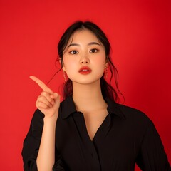 An Asian woman presents and points towards the copy space against a red background, showcasing her beauty, confidence, and elegance as a young and attractive model.