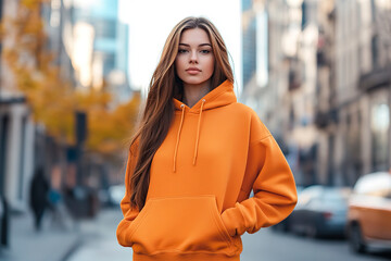 Obraz premium Beautiful young woman in orange hoodie on a city street.