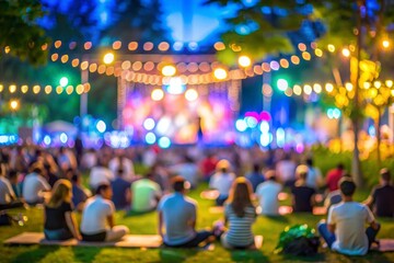 A vibrant scene unfolds as people gather outdoors in a park, enjoying a summer evening concert