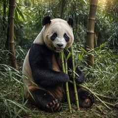 Obraz premium A giant panda munching on bamboo in a serene forest, with soft light filtering through the trees.