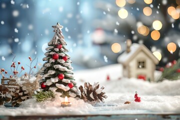 Obraz premium Charming winter scene featuring a snow-covered Christmas tree, festive decorations, and a cozy cottage, perfect for holiday themes.