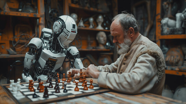 The image depicts an elderly man and a robot engaging in a game of chess inside a vintage workshop