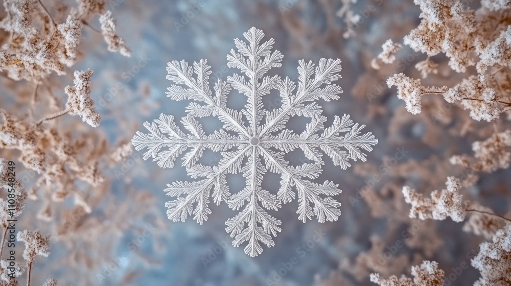 Poster intricate snowflake framed by frost covered branches