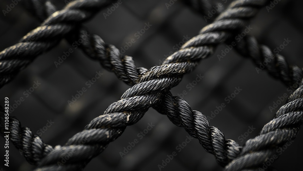 Poster intricate black ropes intertwined creating a geometric pattern a close-up macro photography of dark 