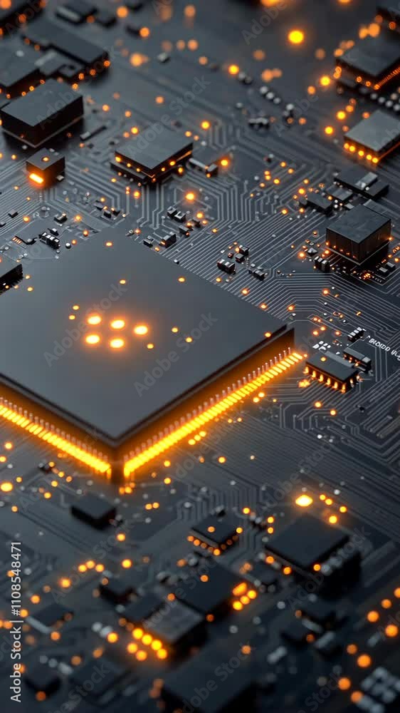 Poster circuit board with glowing elements and intricate design showcasing advanced technology and vibrant 