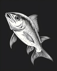 Fototapeta premium A beautifully detailed monochrome illustration of a fish, showcasing its textured scales and fin details against a dark background, emphasizing its graceful form.