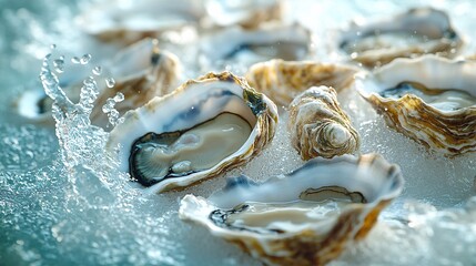 many oysters with wavy splashes of water is photographed as a water splash blows over the oyster, in the style of light beige and sky-blue,