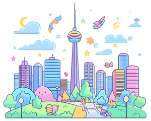 Fototapeta premium A colorful cityscape featuring a tower, buildings, and whimsical elements in a park.