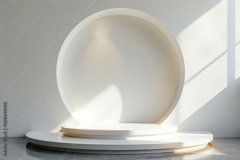 Poster a minimalist white circular stage illuminated by natural light, casting soft shadows in a modern int