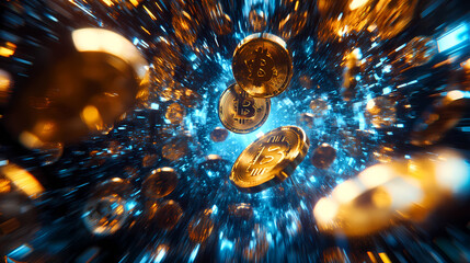 dynamic visualization of cryptocurrency coins in motion, showcasing golden bitcoins amidst vibrant blue and orange background, symbolizing digital finance revolution