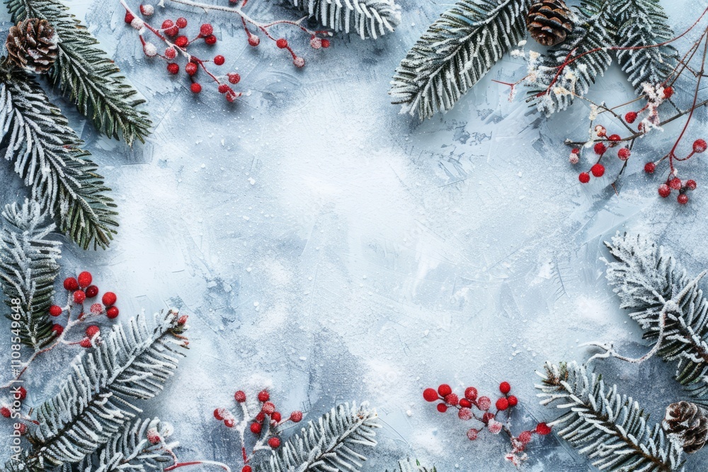 Poster a white background with a frame of evergreen branches and berries. the branches are covered in snow