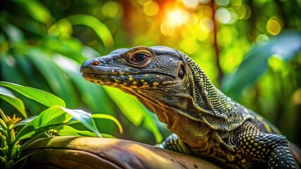 Obraz premium Bokeh Forest Monitor Lizard Hunting, Reptile Wildlife Photography, Nature Image, Shallow Depth of Field