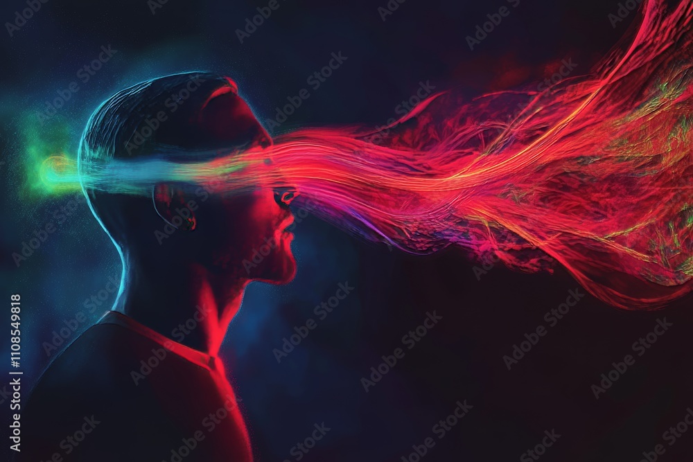 Poster dynamic image of a man with vivid light trails emanating from his face against a dark backdrop, symb