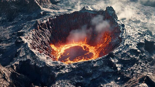 Volcanic Eruption: Molten Lava Flowing Inside a Crater