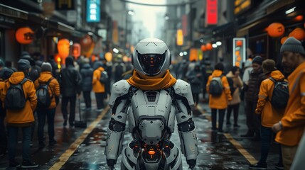 Fototapeta premium A cyborg walking in a busy urban street with futuristic industrial cityscape, lights, and people