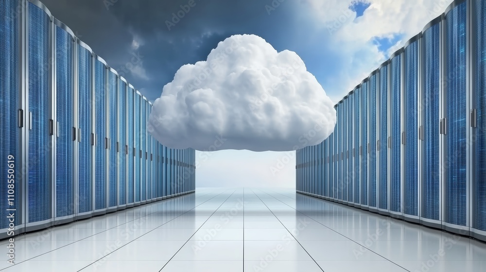 Aufkleber cloud computing, server infrastructure, data storage, network technology, and cybersecurity solution